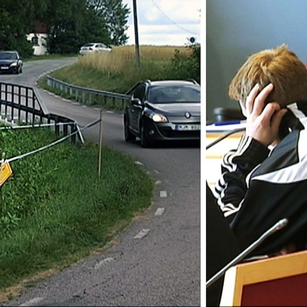 Bild av skog intill vägkant intill bild av ryggen på den dömde mannen