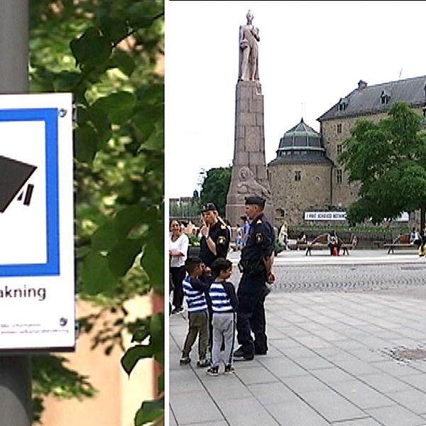Skylt som varnar för kameraövervakning. Poliser på Järntorget med Örebro slott i bakgrunden