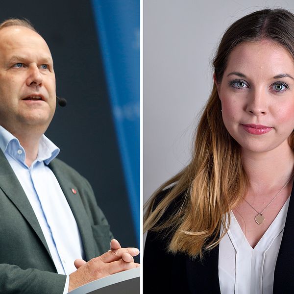 Vänsterpartiets partiledare Jonas Sjöstedt och Sverigedemokraternas idrottspolitiska talesperson Angelika Bengtsson.