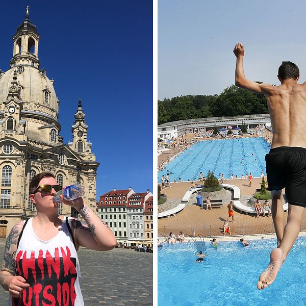 Carolin Tauscher dricker ur en vattenflaska utanför Frauenkirche i Dresden på bilden till vänster. En pojke hoppar från et 7,5 meter högt torn ner i en bassäng i Frankfurt på bilden till höger.