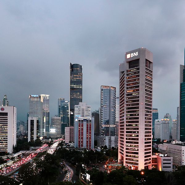 En överblicksbild på affärsdistriktet i Jakarta från tidigare i år, den stad i världen som just nu noterar sämst luftkvalité när det kommer till så kallat AQI-värde.