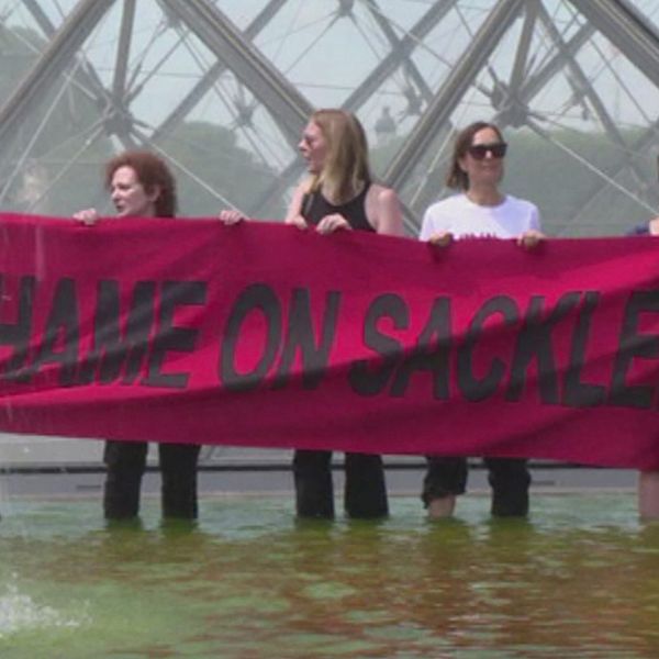 Demonstrationer mot Sackler-familjen utanför Louvren i Paris.