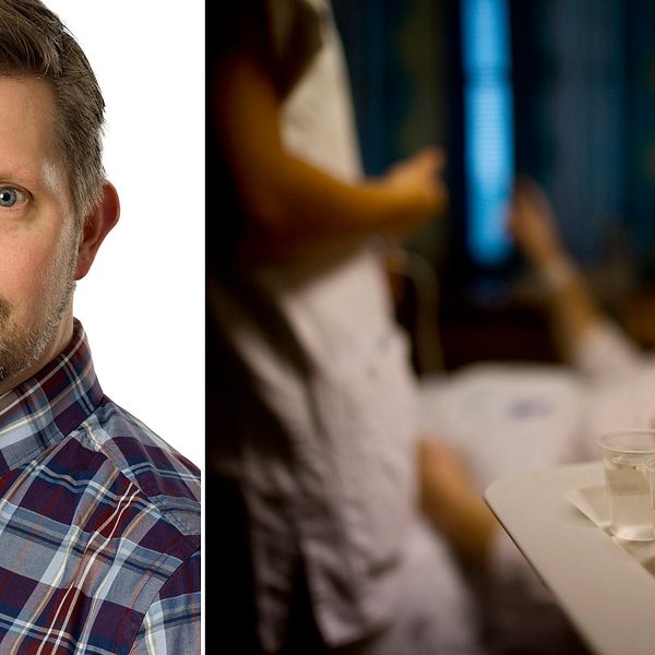 Porträttbild av Niclas Claesson intil bild av patient i sjukhussäng