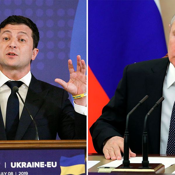 Den ukrainske presidenten Volodymyr Zelenskyj och Rysslands president Vladimir Putin.