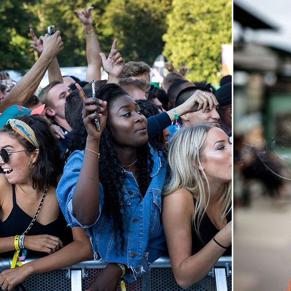 Festivalbesökare ser hiphopgruppen Migos uppträda på Way out west 2017.