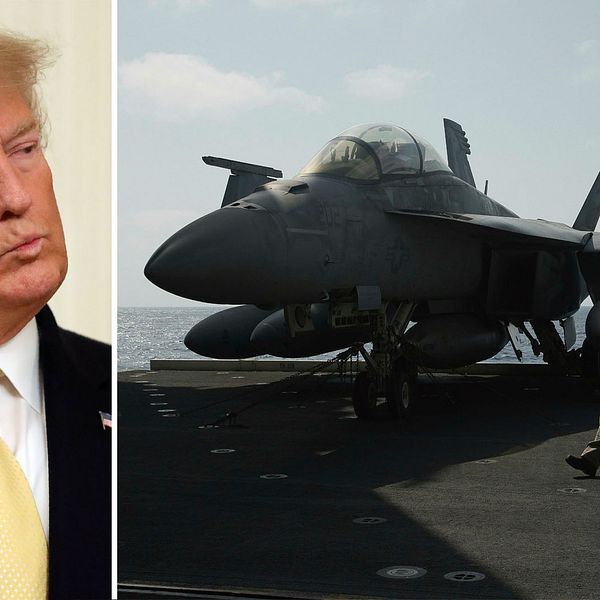 USA:s president Donald Trump till vänster. Till höger: ett stridsflygplan ombord på USS Abraham Lincoln under juni månad.