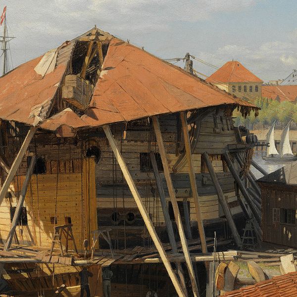 Otto Baches ”Linjefartyget Skjold i dockan i Christianshavn”, 1860. Ett av Nationalmuseums nya förvärv.