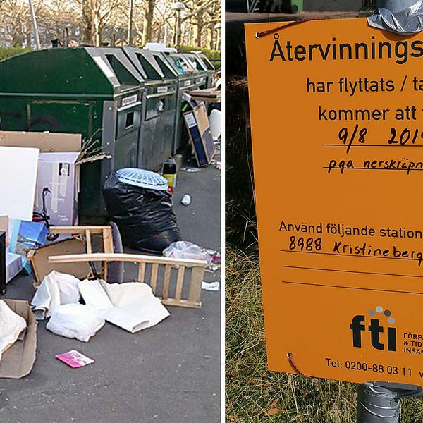 Skräpig återvinningstaion, skylt om att återvinningsstation stängs