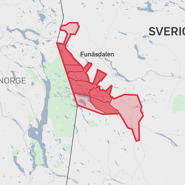 Kartbild över södra Härjedalen. Samebyn Ruvhtens åretruntmarker är markerade med en röd linje, och områden som är mörkröda är avlysta från småviltsjakt