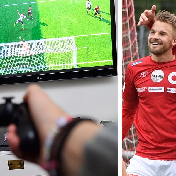 Till vänster en bild på en PS4-handkontroll och på tv:n i bakgrunden syns fotbollsspelet Fifa. Till höger en bild på två spelare ur Degerfors IF:s elitlag.