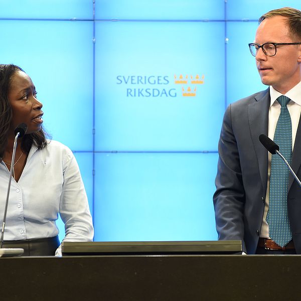 Partiledare Nyamko Sabuni presenterar Mats Persson som ekonomiskpolitisk talesperson för Liberalerna vid en pressträff i riksdagens presscenter.