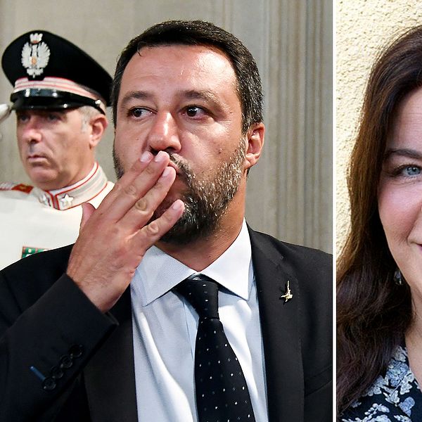 Legas partiledare Matteo Salvini vill se ett nyval. På bilden till höger syns SVT:s Jennifer Wegerup.