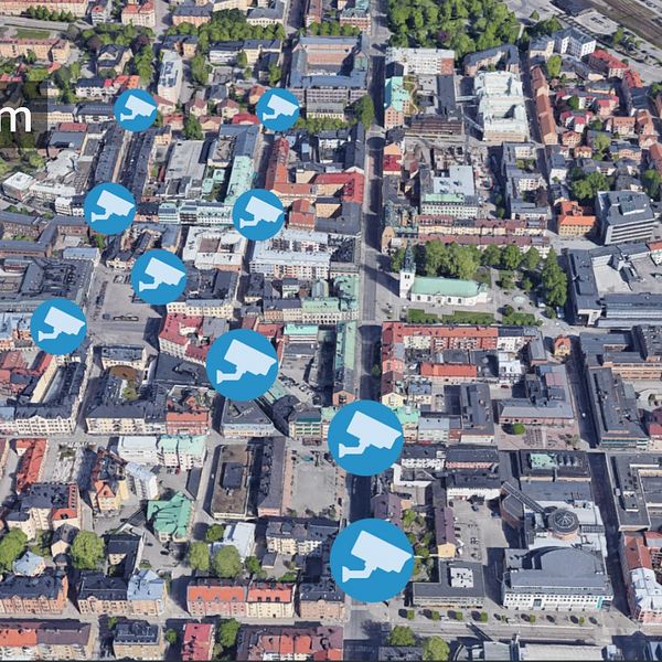 En karta över centrala Linköping där planerade övervakningskameror är markerade. Se faktaruta under artikeln för att se adresserna där de ska sättas upp.