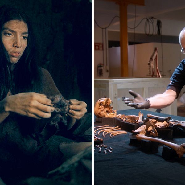 En bild som visar hur en 16-årig flicka kunde ha sett ut på istiden, för 13 000 år sedan. Och en bild på två forskare som undersöker ett skelett från den tiden.