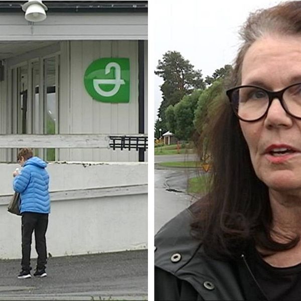 Exteriörbild på Apoteket i Föllinge, och en intervjubild på Annika Nilsson, boende i området.