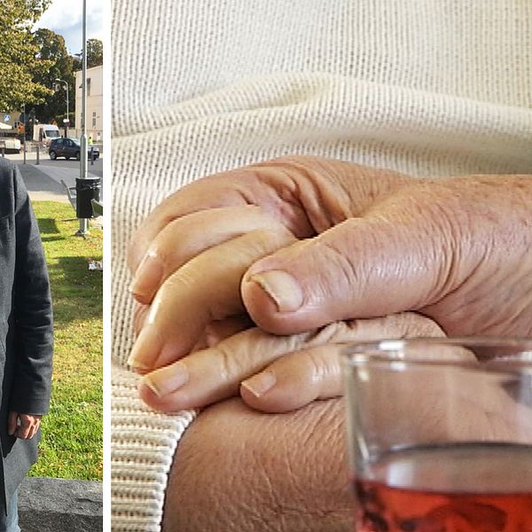 Collagebild delad i två delar med lodrät avskiljare. Till vänster: Två personer håller hand. I förgrunden syns ett glas med vätska i. Till höger: En person håller i kontanter.