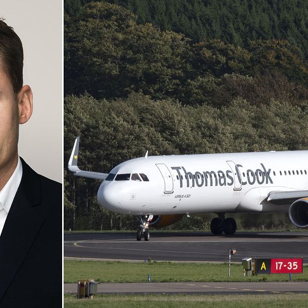 Fredrik Henriksson, presschef på Ving vars ägare, Thomas Cook, riskerar att gå i konkurs. I bilden bredvid ett flygplan som körs av flygbolaget Thomas Cook som står på landningsbana.