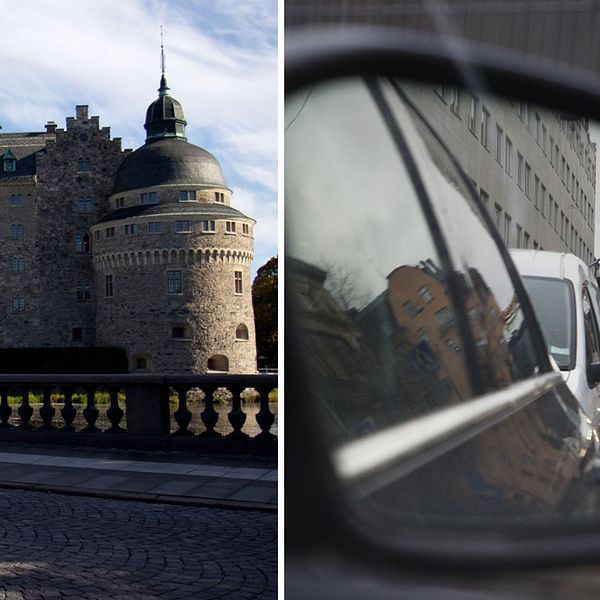 Montage av bilder. Till vänster en bild på en stadsbuss. Till höger, bilar som syns i en backspegel.
