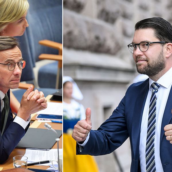 Sverigedemokraterna är återigen Sveriges näst största parti i mätningarna. Ulf Kristersson (t.v) och Moderaterna halkar ner till tredje platsen.
