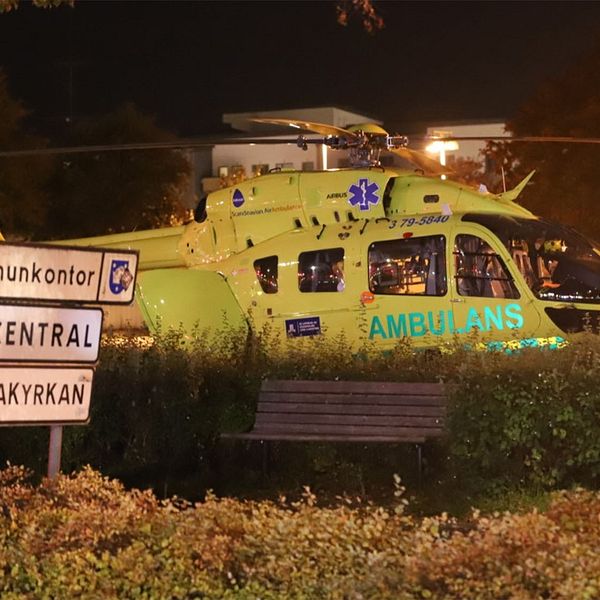 Ambulanshelikopter bakom ett buskage.