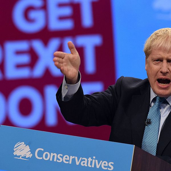 Brittiske premiärministern Boris Johnson talar på tory-kongressen