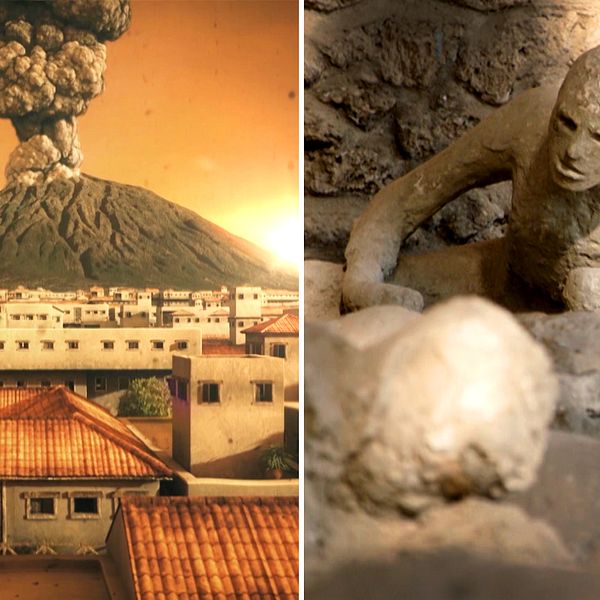 En animerad bild som visar vulkanen Vesuvius utbrott för snart två tusen år sedan, sett från staden Pompeji. Den andra bilden är på avjutningar av några av de människor som miste livet vid utbrottet.