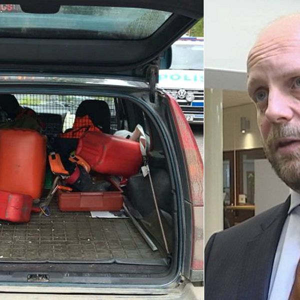 Bild på ett bagageutrymme i bilen som mannen körde. I bagaget ligger bensindunkar och utrustning för skogsarbete. Bild på kammaråklagare Henrik Olin.