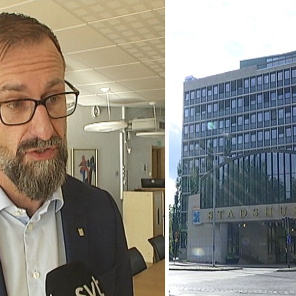 närbild på Lekfalk som intervjuas, och exteriör på Luleå stadshus