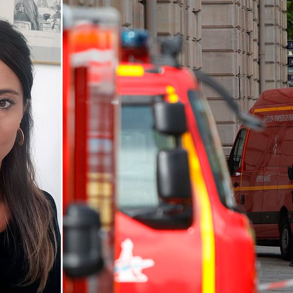 Bild på Aurélie och bild på en polis som står bland röda brandkårsbilar.