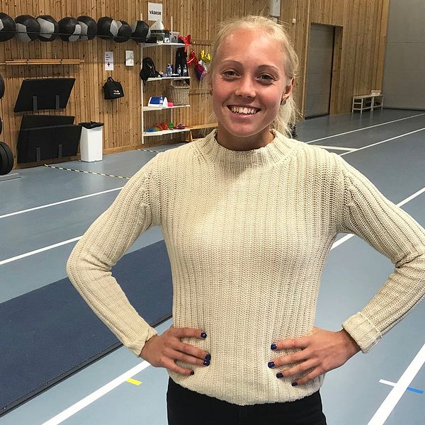 En glad Tilde Johansson tillbaka i sin träningslokal på Arena Vesterhavet i Falkenberg.