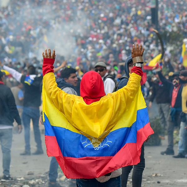 Bild på en protesterande folkmassa med en person som har Ecuadors flagga runt ryggen. Demonstrationerna sker mot president Morenos ekonomiska politik.
