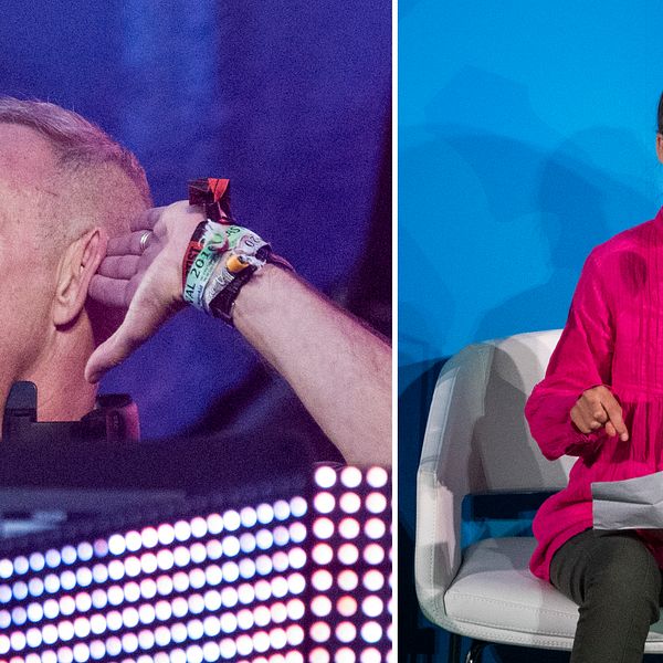 Bild på Fatboy Slim där han spelar musik till vänster och bild på när Greta Thunberg håller sitt tal till höger.