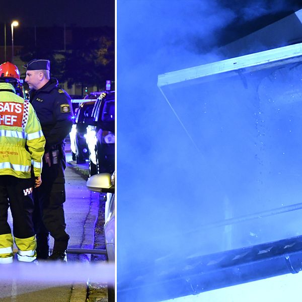 Räddningstjänsten på plats utanför flerbostadshuset i Malmö där bränderna startade.