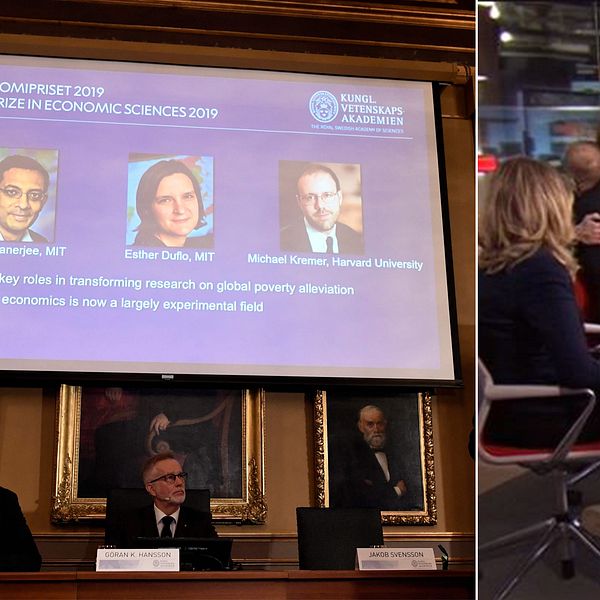 Abhijit Banerjee, Esther Duflo och Michael Kremer blir årets pristagare av Sveriges Riksbanks pris i ekonomisk forskning till Alfred Nobels minne 2019. Något som resulterade i glädjerop i studion.