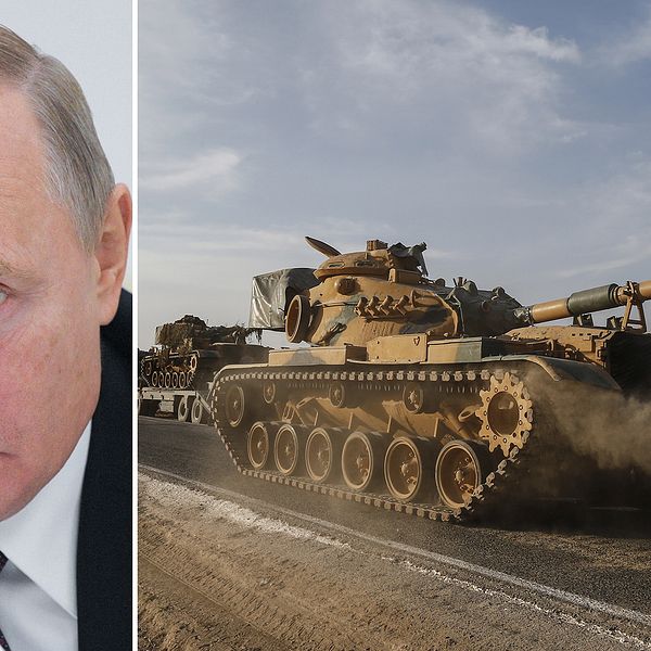 Rysslands president Vladimir Putin och en turkisk stridsvagn nära gränsen mot Syrien.