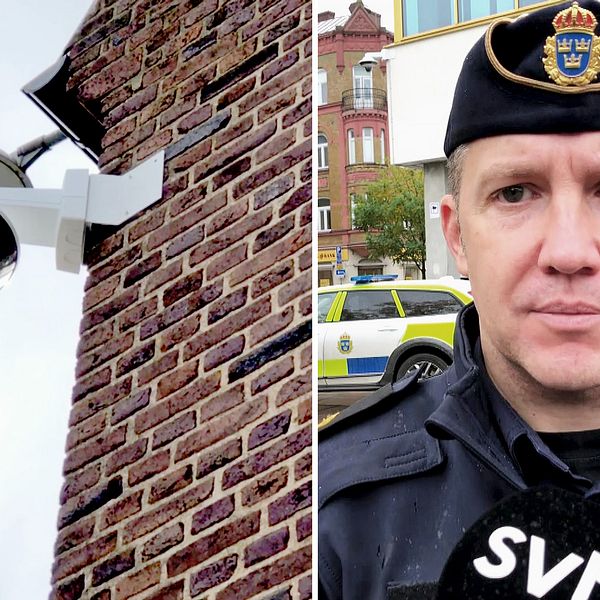 På sju platser i centrala Kristianstad sitter nu polisens övervakningskameror. På bilden är kommunpolisen Martin Thornell.