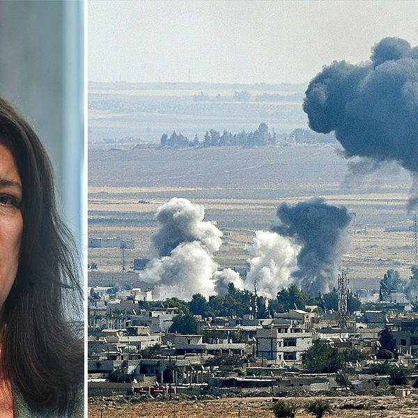 Utrikesminister Ann Linde till vänser och en bild över rökutveckling i den syriska staden Ras al-Ain