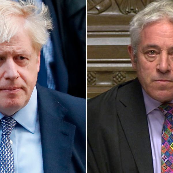 Storbritanniens premiärminister Boris Johnson utanför Downing street. i bilden bredvid, talmannen i parlamentet, John Bercow som under måndagen kommit fram till att underhuset inte borde rösta om Johnsons brexitavtal igen eftersom omständigheterna inte förändrats tillräckligt sedan lördagens omröstning.