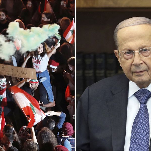 Demonstranter i Libanon och president Michel Aoun.