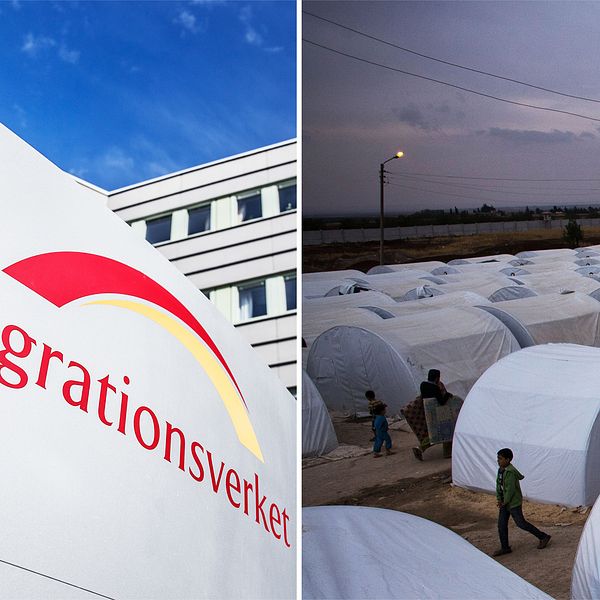 Till vänster: Migrationsverkets logga på byggnaden i Solna. Till höger: Flyktingläger med många tält och personer utanför, i Syrien.
