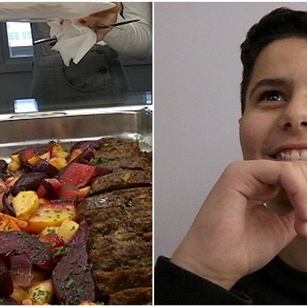 Den ena bilden visar köttfärslimpa i ett stort rostfritt kärl och elever som köar intill. Den andra bilden visar en tonårskille som ser glad ut.