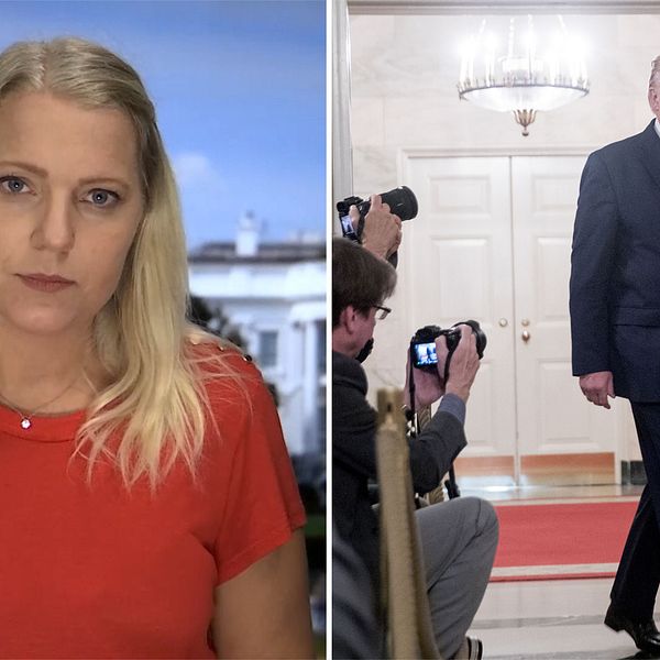 Till vänster: SVT:s korrespondent Carina Bergfeldt framför Vita huset. Till höger: President Donald Trump går in till presskonferensen.
