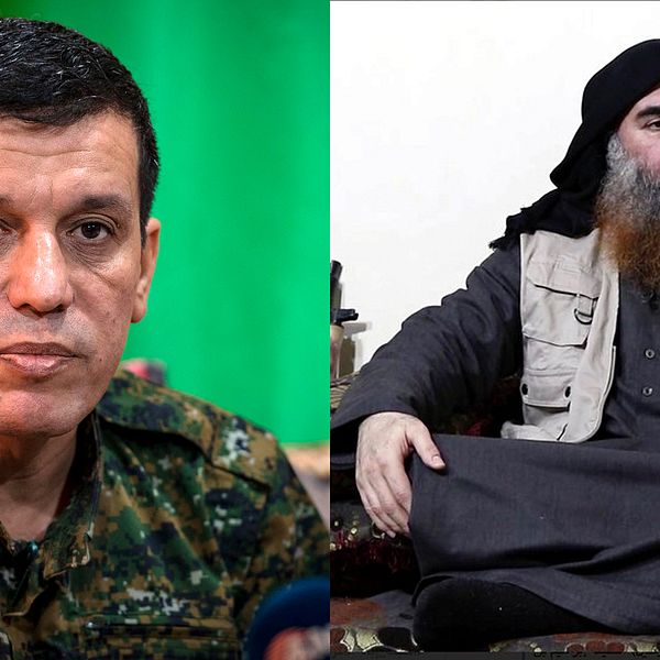 Kurdiska generalen Mazloum Abdi (vänster) säger att kurdiska underrättelsetjänsten hade en informant hos terrorledaren al-Baghdadi (höger).