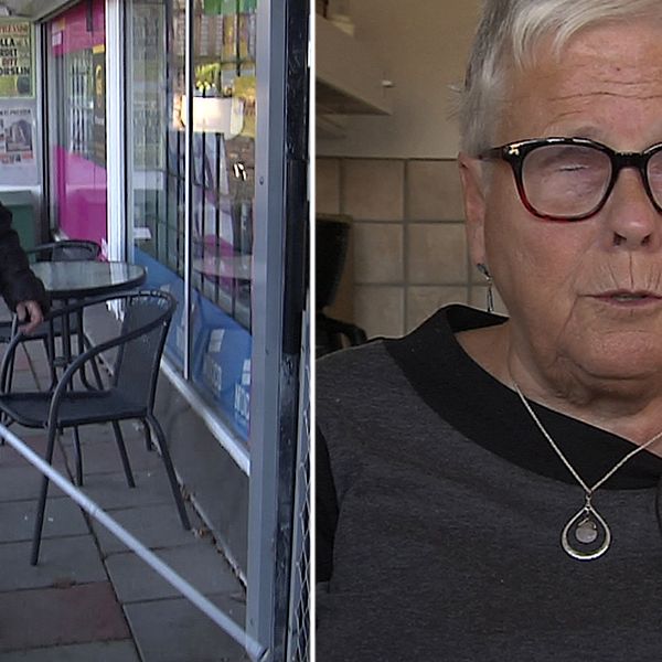 Mona, 71, söker efter butiksingång med sin käpp, andra delen av bilden är en bild på samma kvinna sittandes i ett kök