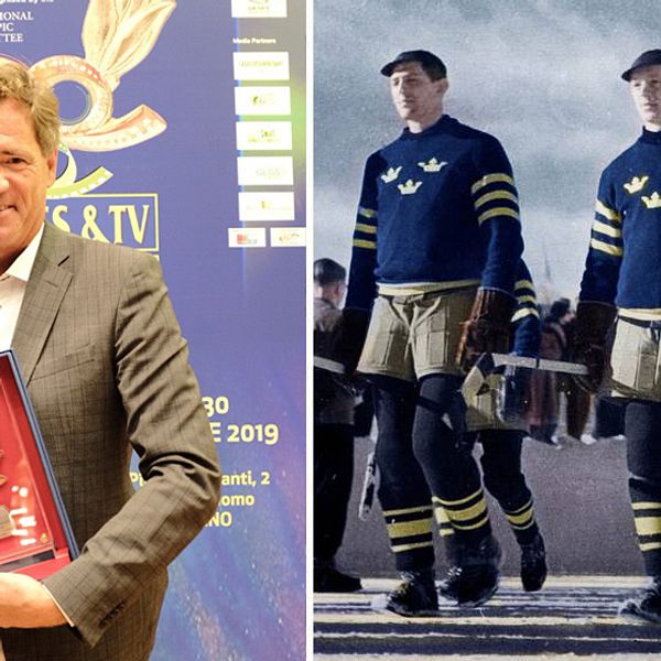 Jens Lind tog emot priset för ”Hockeyns historia” vid sportfilmsfestivalen i Milano.