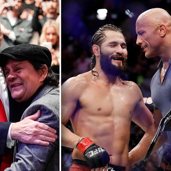 Vänster: USA:s president Donald Trump hälsar på boxningslegendaren Roberto Duran. Höger: Jorge Masvidal får bältet av filmstjärnan ”The Rock”.