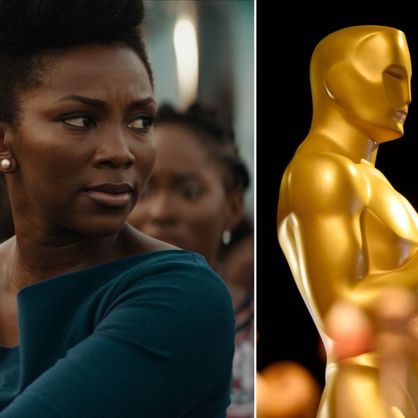 Till vänster: bild på huvudrollsinnehavaren Genevieve Nnaji. Till höger: bild på Oscargubben