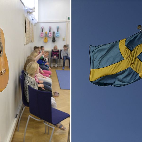 Gitarrer hänger på väggen. En musiklektion pågår i bakgrunden. Till höger: svenska flaggan.