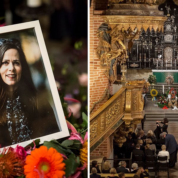 Två bilder som visar ett fotografi av Sara Danius och en överblick över Storkyrkan i Stockholm.