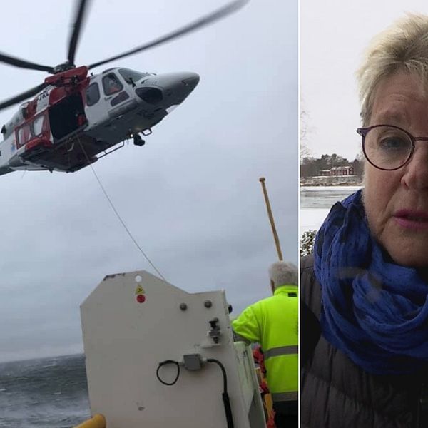 En delad bild på räddningshelikoptern som evakuerade Holmöfärjan och Mona SKoglund som var passagerare.